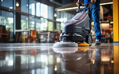 A person is cleaning a floor with a machine. The floor is shiny and clean. The person is wearing blue and is standing in front of a yellow object