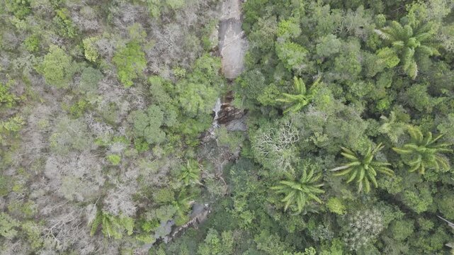 Drone flies with camera down over Cachoeira do Barata waterfall in Tepequem, Roraima, Brazil
