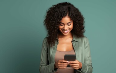 A woman with curly hair is smiling while looking at her cell phone. She is wearing a green jacket and a necklace