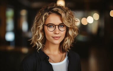 A woman with curly blonde hair and glasses is smiling for the camera. She is wearing a black shirt and white shirt