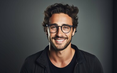 Obraz premium A man with glasses is smiling and wearing a black jacket. He looks happy and confident. Concept of warmth and positivity