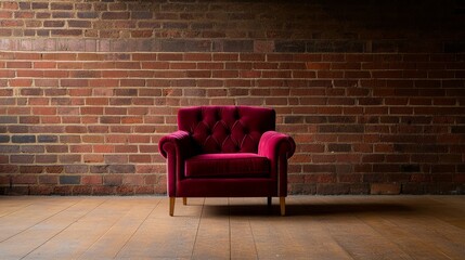 This composition showcases a front-facing vintage armchair featuring dark velvet upholstery. Positioned against a distressed brick wall, it offers ideal space for text or branding