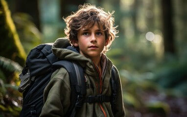 Obraz premium A young boy wearing a green jacket and backpack is standing in a forest. He looks tired and is staring at the camera