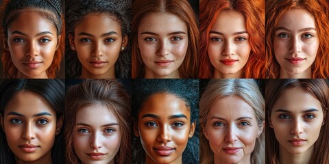 Asian, african, indian, european ladies portraits, a lot of female faces collage collection, many happy diverse people of different age together. Smiling young and older women group, Generative AI