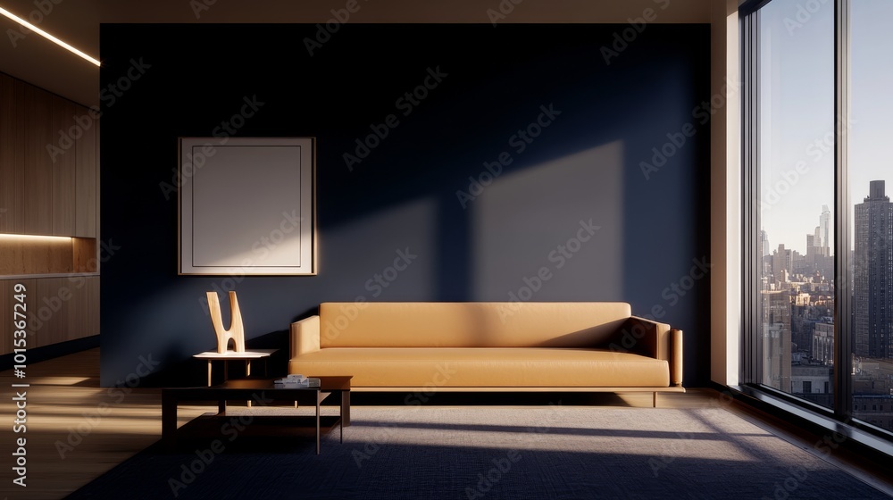 Poster sunlight streams through a large window, illuminating a minimalist living room with a low-profile so