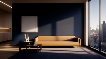 Sunlight streams through a large window, illuminating a minimalist living room with a low-profile sofa, abstract sculpture, and dark blue accent wall, offering a serene, stylish atmosphere