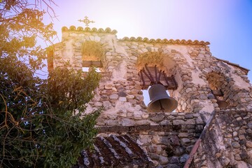 Mission San Miguel Arcángel bell tower, San Miguel, California, USA. One of the series of 21...