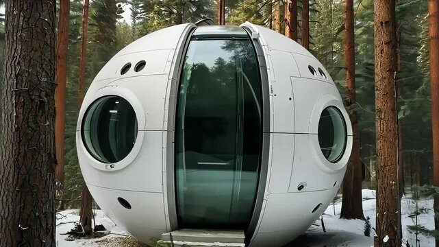 The inactive spaceship ball is positioned in the center between tall pine trees