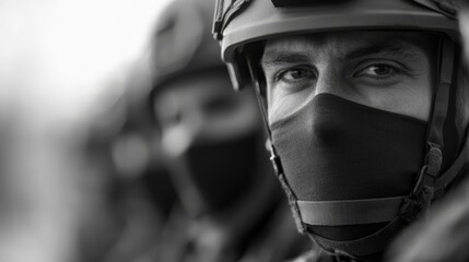 Fototapeta premium A group of special forces soldiers, dressed in tactical gear, are positioned in a defensive formation, showcasing their intense focus amidst a high-stakes operation