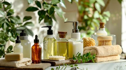 A variety of soaps and soaps on a table next to a plant