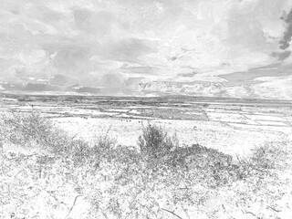 White fluffy clouds in the summer sky and natural landscape background, pencil drawn sketch