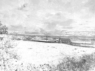 Fototapeta premium White fluffy clouds in the summer sky and natural landscape background, pencil drawn sketch