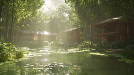 Obraz premium Tranquil Forest Retreat - A Ray Tracing Fengshui Concept Art of Cozy Cabins and Serene Landscapes Promoting Relaxation and Mindfulness