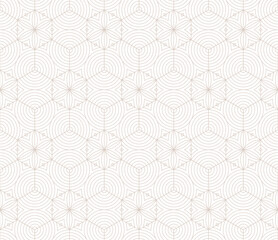 Vector minimalist geometric seamless pattern. Abstract texture with hexagonal grid, thin lines, circles, floral silhouettes, lattice. Beige and white geo background. Subtle modern repeated design