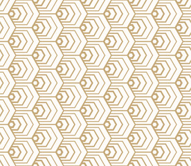 Vector golden geometric seamless pattern with outline hexagons, tiles, stylized fish scale grid. Gold and white abstract background. Simple minimal texture. Luxury art deco style. Repeated design