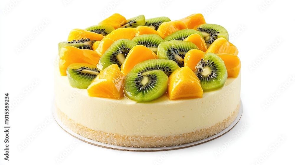 Poster   Close-up of a cake with kiwis and oranges on top, set against a white backdrop