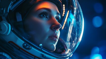 Woman cosmonaut in space composition background