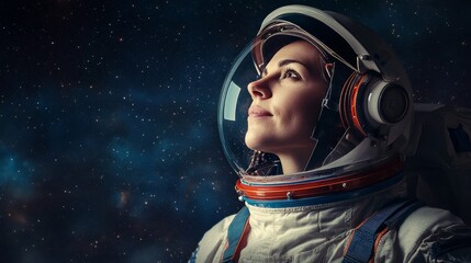 Woman cosmonaut in space composition background