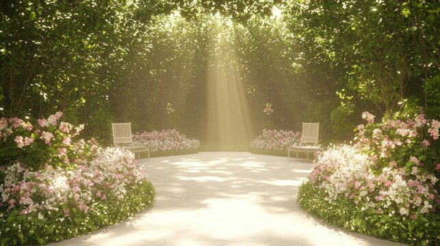 Tranquil Pathway in Harmonious Garden &acirc;&euro;&ldquo; Ray Tracing Fengshui Concept Art with Fragrant Flowers, Soft Lighting, and Peaceful Seating Areas for Relaxation