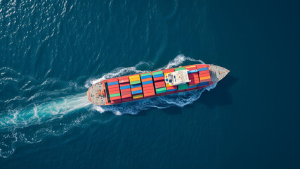 Aerial top view of cargo container business ship, global express in the ocean, logistic freight shipping and transportation, container cargo maritime ship. Generative AI