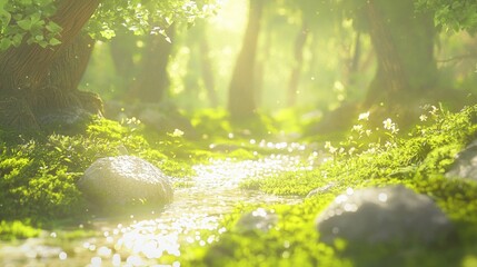 Zen Forest Retreat - Serene Fengshui Concept Art of Tranquil Glade with Dappled Sunlight, Soft Moss, and Gentle Streams in Nature