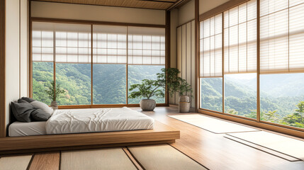 Tranquil bedroom with mountain views