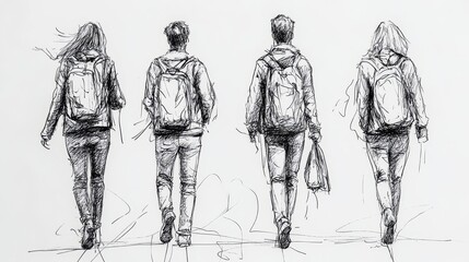 four close friends walking together - one line drawing, Generative AI