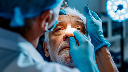 A man getting his nose examined by a doctor