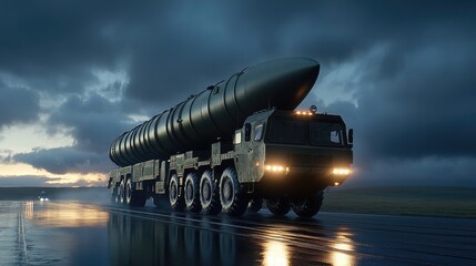 Obraz premium A military truck drives along a highway carrying an intercontinental missile, displaying green camouflage against a backdrop of clouds and sunlight