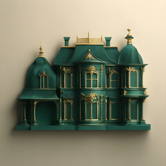 Obraz premium Grand Emerald Green House With Gold Details And Beige Background,Generative AI