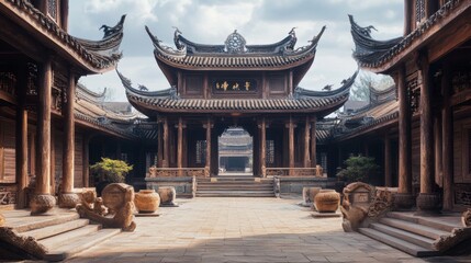 Obraz premium Quanzhou Fuwenmiao, a traditional Chinese wood carving architectural complex, showcases exquisite craftsmanship.