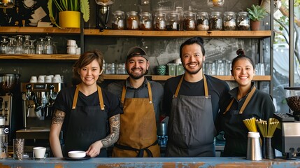 The barista team smile in uniform in the cafe