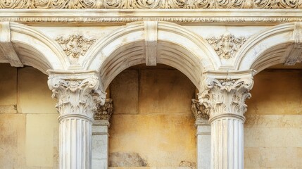 Obraz premium Ornate antique archway in marble against a backdrop of muted colors, invoking the grandeur of ancient architecture.