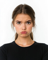 Fototapeta premium A young woman frowns with a pouty face, looking annoyed 