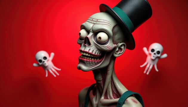 Droopy-grinned zombie with tiny top hat on red background with floating ghostly hands and spooky eyes.