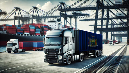 Naklejka premium Modern freight truck with an New York flag container at a busy port, surrounded by cargo ships and cranes. Ideal for showcasing global shipping, logistics, and transportation