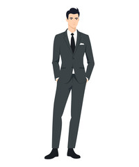 Vector illustration of a man in a gray suit with a black shirt underneath. Formal and elegant style