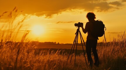 Photographer captures golden hour with camera and tripod, silhouette visible.