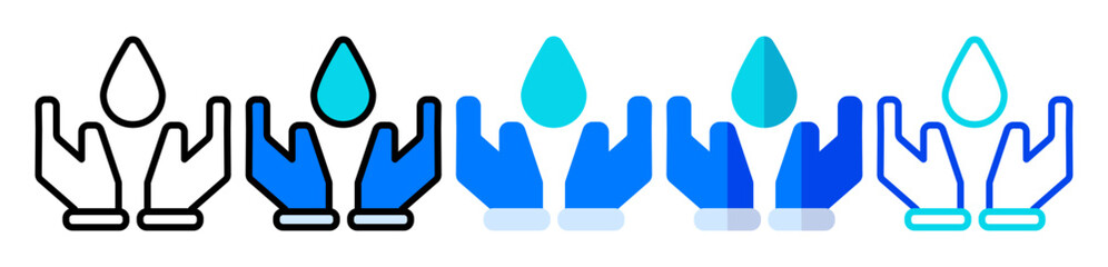 Water drop icon, illustration of hands and water in line, flat and filled styles is suitable as a symbol of the water cycle and springs.