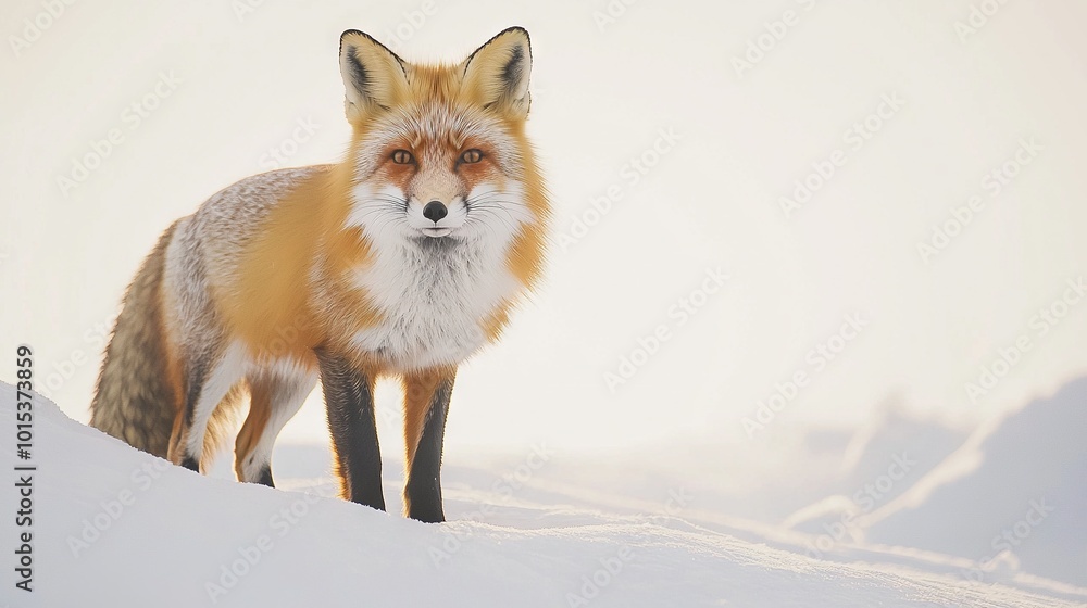 Poster   Red fox perched atop snow-covered incline, eyes open, one paw on ground