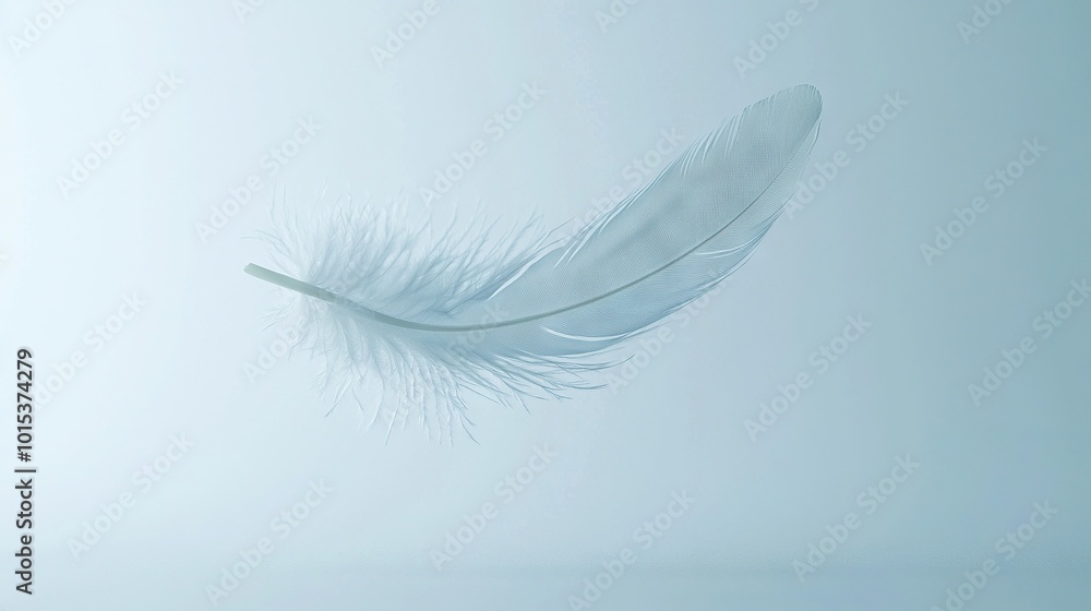 Sticker   A white feather floats on a light blue backdrop with a blurry bird tail