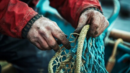 Weathered Hands Mending Fishing Net on Boat