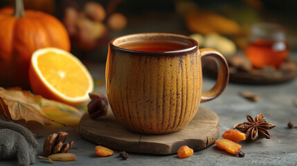 Cozy Autumn Tea Time with Seasonal Flavors Embrace the warmth of autumn with a cozy tea time experience. Enjoy a comforting cup of freshly brewed tea, served in a rustic mug, perfe