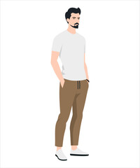 Fototapeta premium A man in a white t-shirt and brown pants, finished off with white sneakers. Minimalist style.