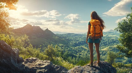 Naklejka premium Hiker overlooking a scenic landscape at sunset.