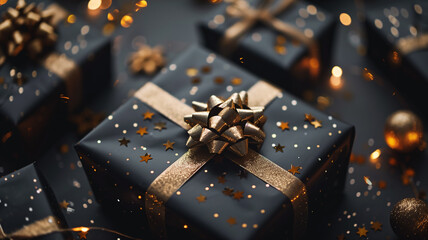 Close-up of Luxury Festive Black Gift with Gold Bow