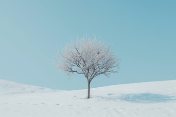 Fototapeta premium A solitary tree with bare branches covered in frost stands in a snowy landscape under a clear blue sky. The scene conveys a sense of tranquility and winter beauty.