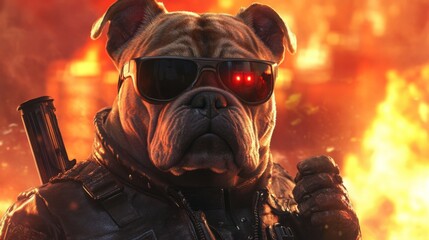 A bulldog wearing sunglasses and tactical gear strikes a powerful pose, exuding confidence while surrounded by flames and smoke on a chaotic battlefield, showcasing strength and determination.