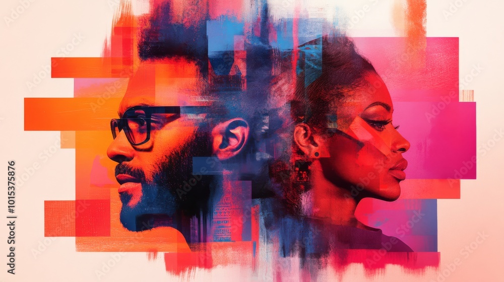 Poster a couple's faces are artistically divided into geometric shapes, set against a vivid abstract backdr