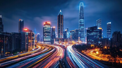 Fototapeta premium Night Skyline of a Modern City with Traffic